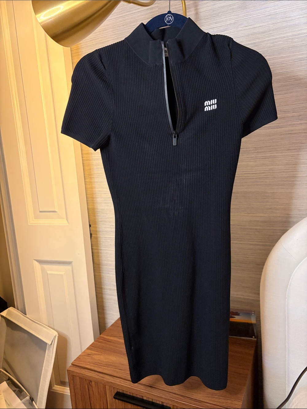 Miu Miu Black Ribbed Short-Sleeve Zip Dress